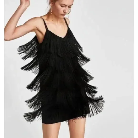 Zara | Black Fringe Tassels Tiered Mini Dress Spaghetti Strap 1920s - Picture 2 of 8